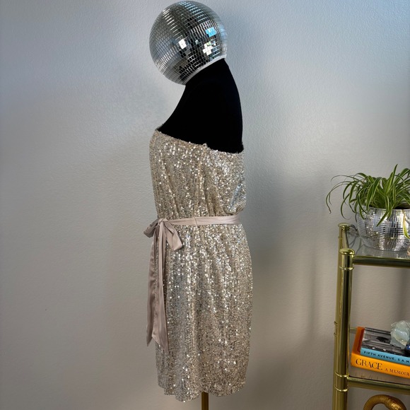 SUGAR + LIPS One Shoulder Sequin Sparkle Dress Champagne Belted Party L - Picture 6 of 17